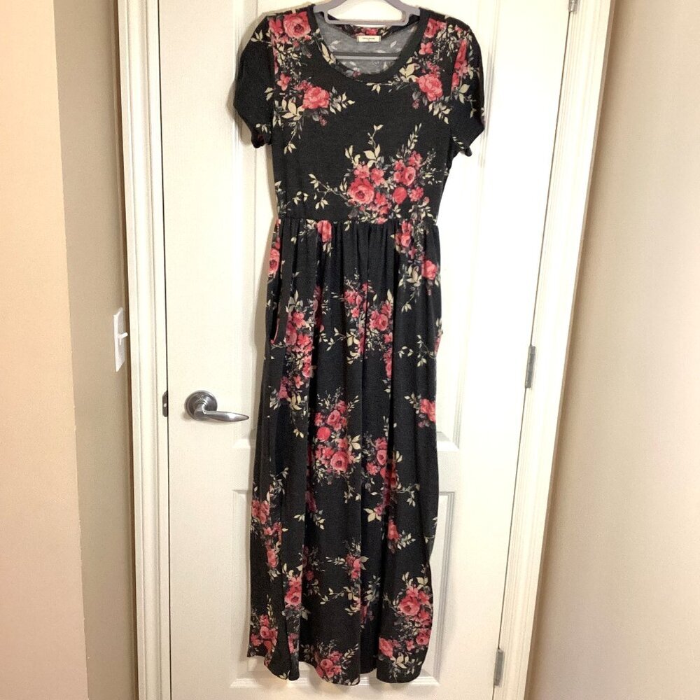 12 PM by Mon Ami Women's Maxi Gray Floral Pink Rose Dress Short Sleeves